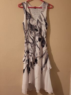 Komarov White Dress with Black Watercolor Floral Print